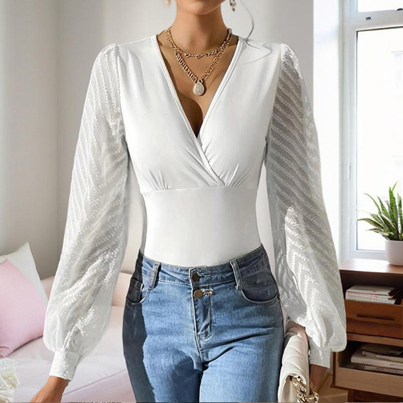 Haut Femme Raffiné – Col V & Chiffon Transparent
