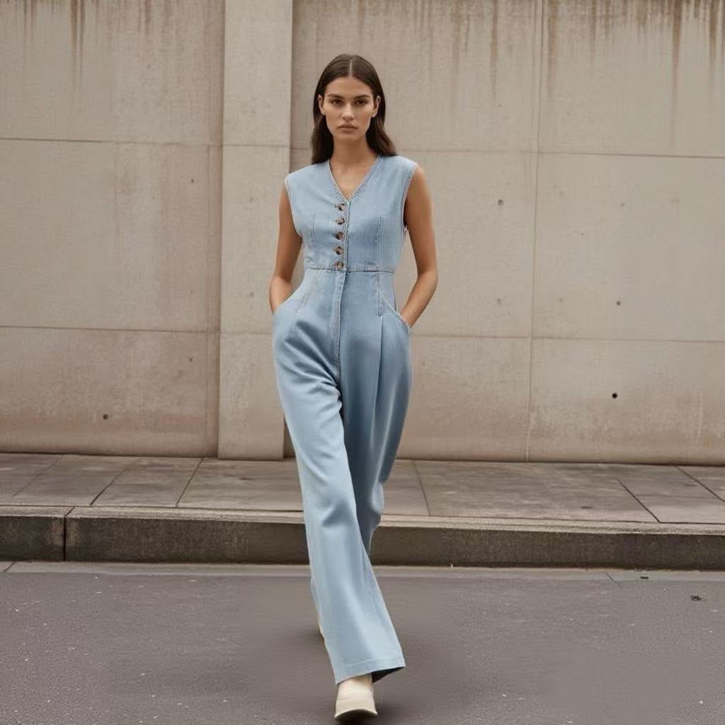 Vaelia – Combinaison Denim à Boutons