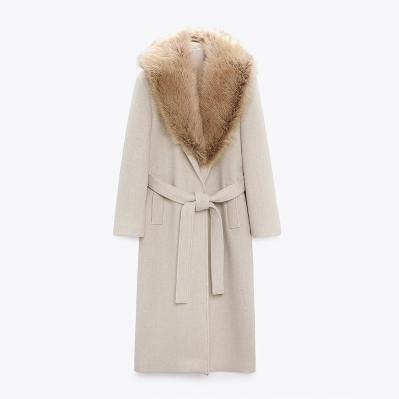 Manteau long en laine avec col en fourrure