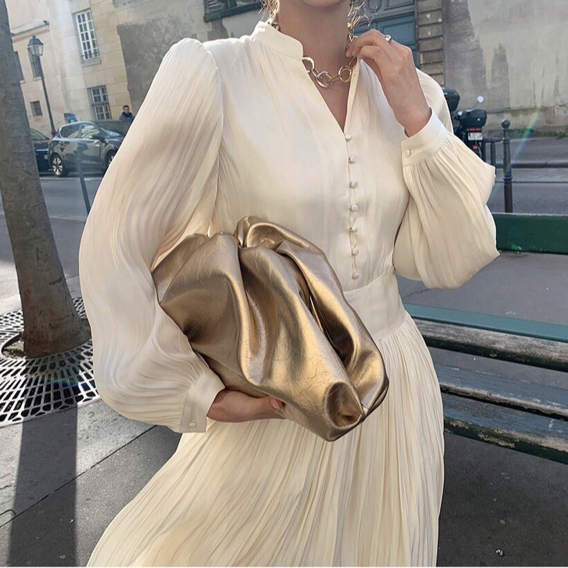 SERELIA — Robe Mi-Longue à Col Montant et Plis Brillants