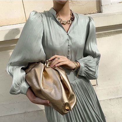 SERELIA — Robe Mi-Longue à Col Montant et Plis Brillants