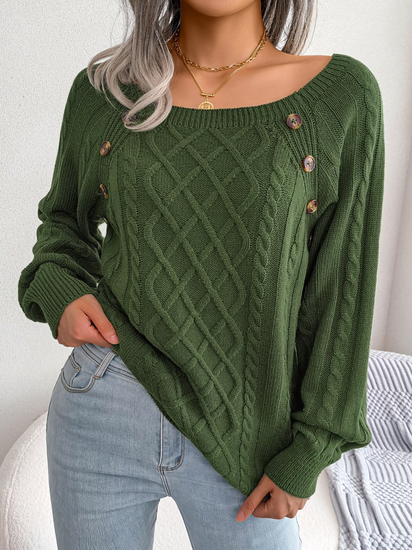 Pull décontracté à col carré et boutons en maille