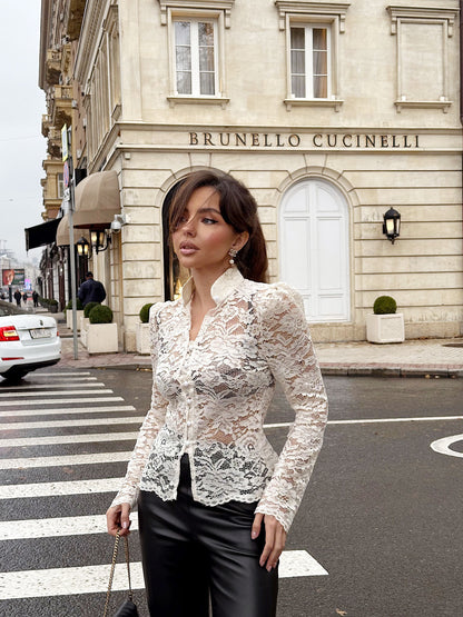 KÉLIA — Top en Dentelle à Manches Bouffantes