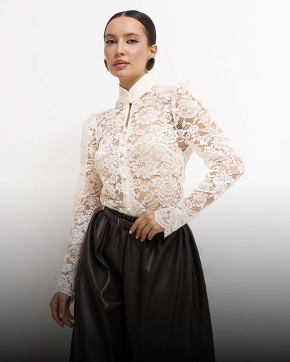 KÉLIA — Top en Dentelle à Manches Bouffantes