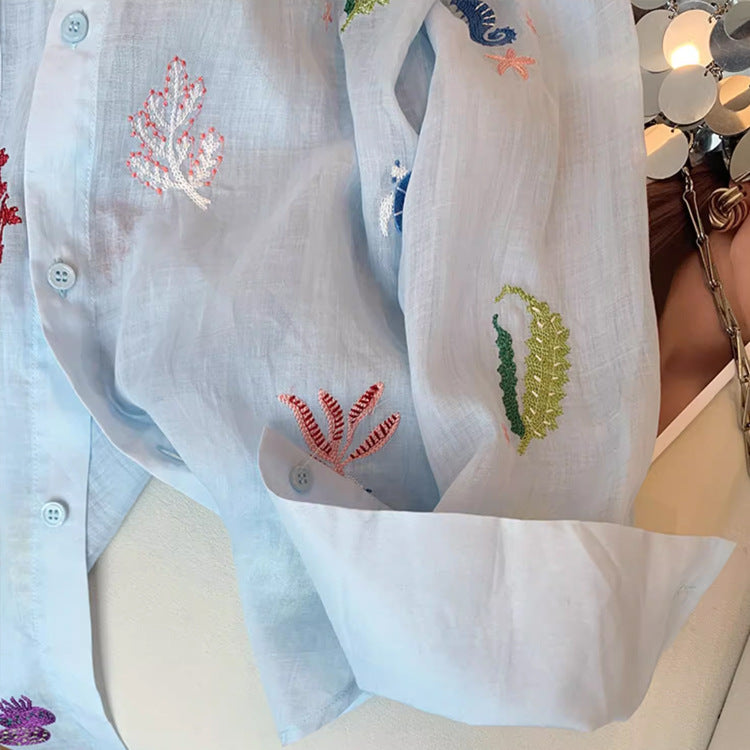 Chemise Légère  – Broderies Florales & Anti-UV