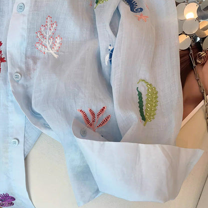 Chemise Légère  – Broderies Florales & Anti-UV
