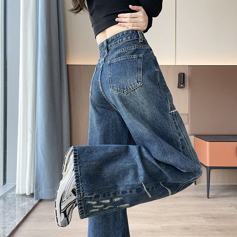 Pantalon Denim Évasé Haute Taille Doublé Polaire