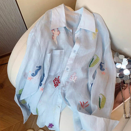 Chemise Légère  – Broderies Florales & Anti-UV