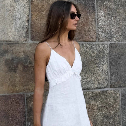 Robe Blanche Sexy en Coton Lin à Volants