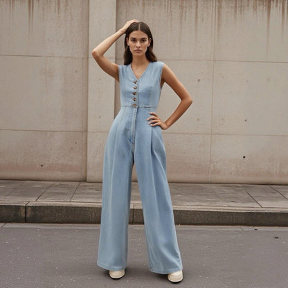 Vaelia – Combinaison Denim à Boutons