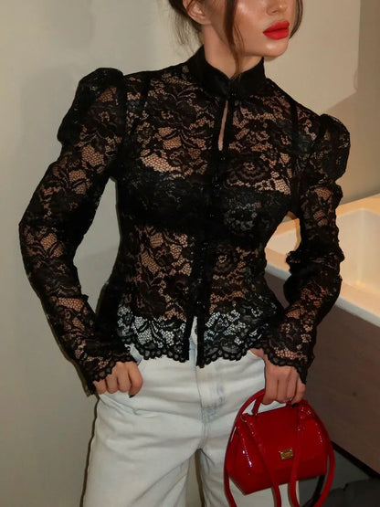 KÉLIA — Top en Dentelle à Manches Bouffantes