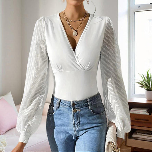 Haut Femme Raffiné – Col V & Chiffon Transparent