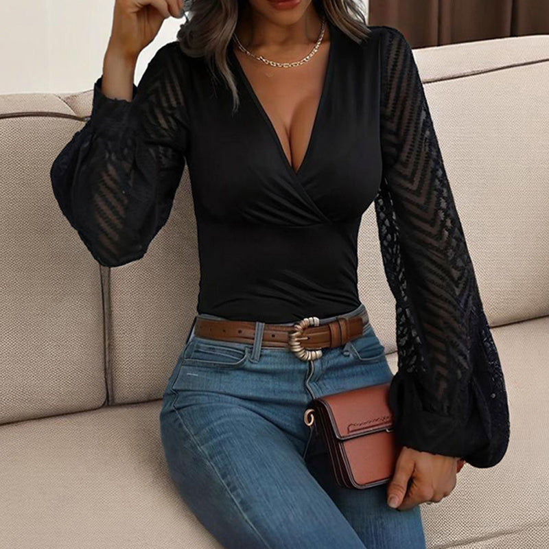 Haut Femme Raffiné – Col V & Chiffon Transparent