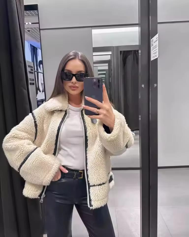 Veste Douce Abricot à Col en Fourrure