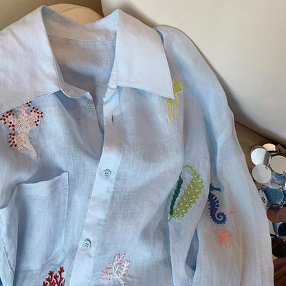 Chemise Légère  – Broderies Florales & Anti-UV