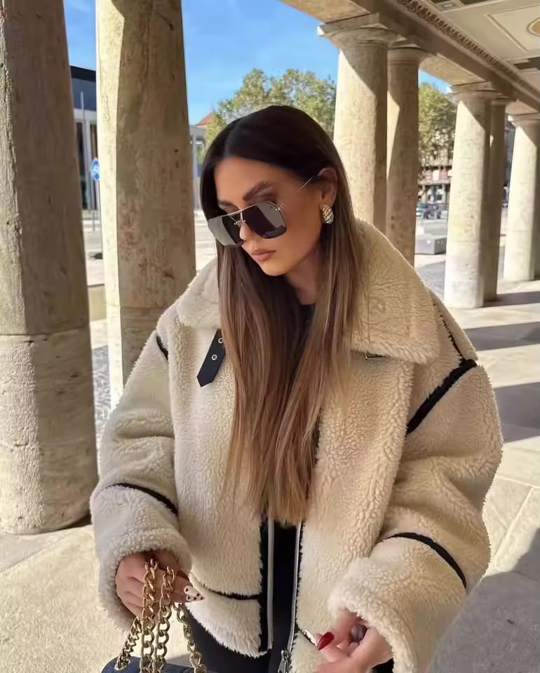 Veste Douce Abricot à Col en Fourrure