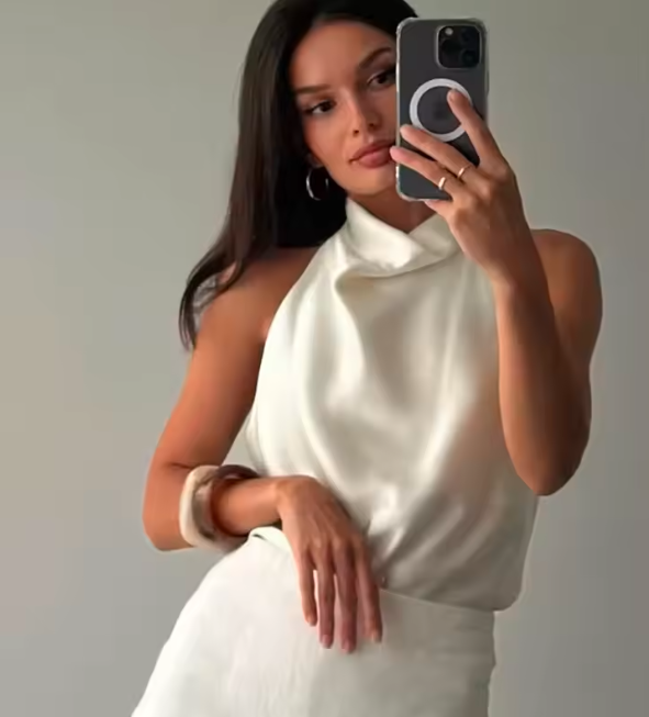 ALÉSIA — Top en Satin à Col Bénitier