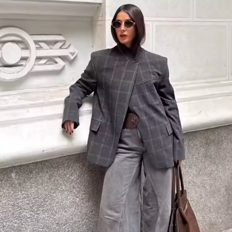 CAMILLE — Veste Asymétrique à Carreaux