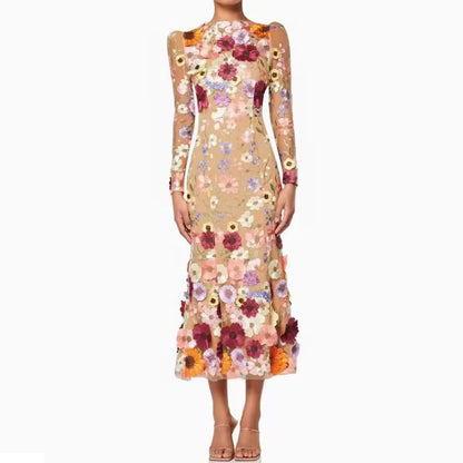 Robe Sirène à Motifs Floraux – Manches Longues
