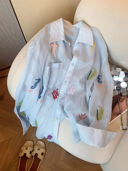 Chemise Légère  – Broderies Florales & Anti-UV