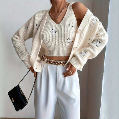 Elvéra – Ensemble Pull &amp; Gilet Blanc Lait