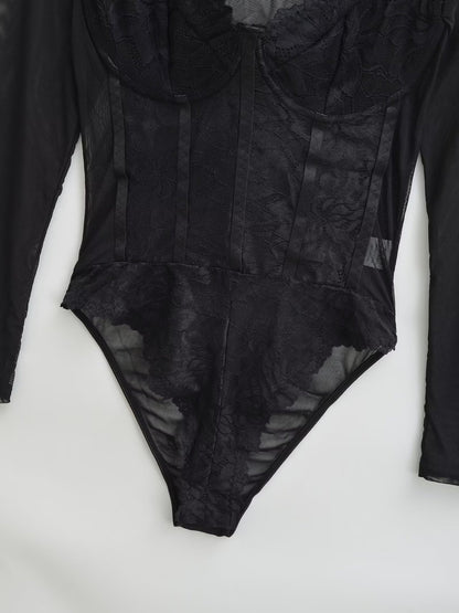 VÉRANIA — Body Corset en Dentelle Noir à Manches Longues