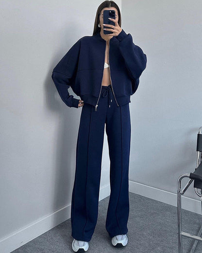 LUNÉA — Ensemble Décontracté Zippé Pull & Pantalon Uni