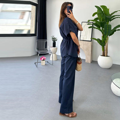 Ensemble Deux Pièces Femme – Haut à Cordon & Pantalon
