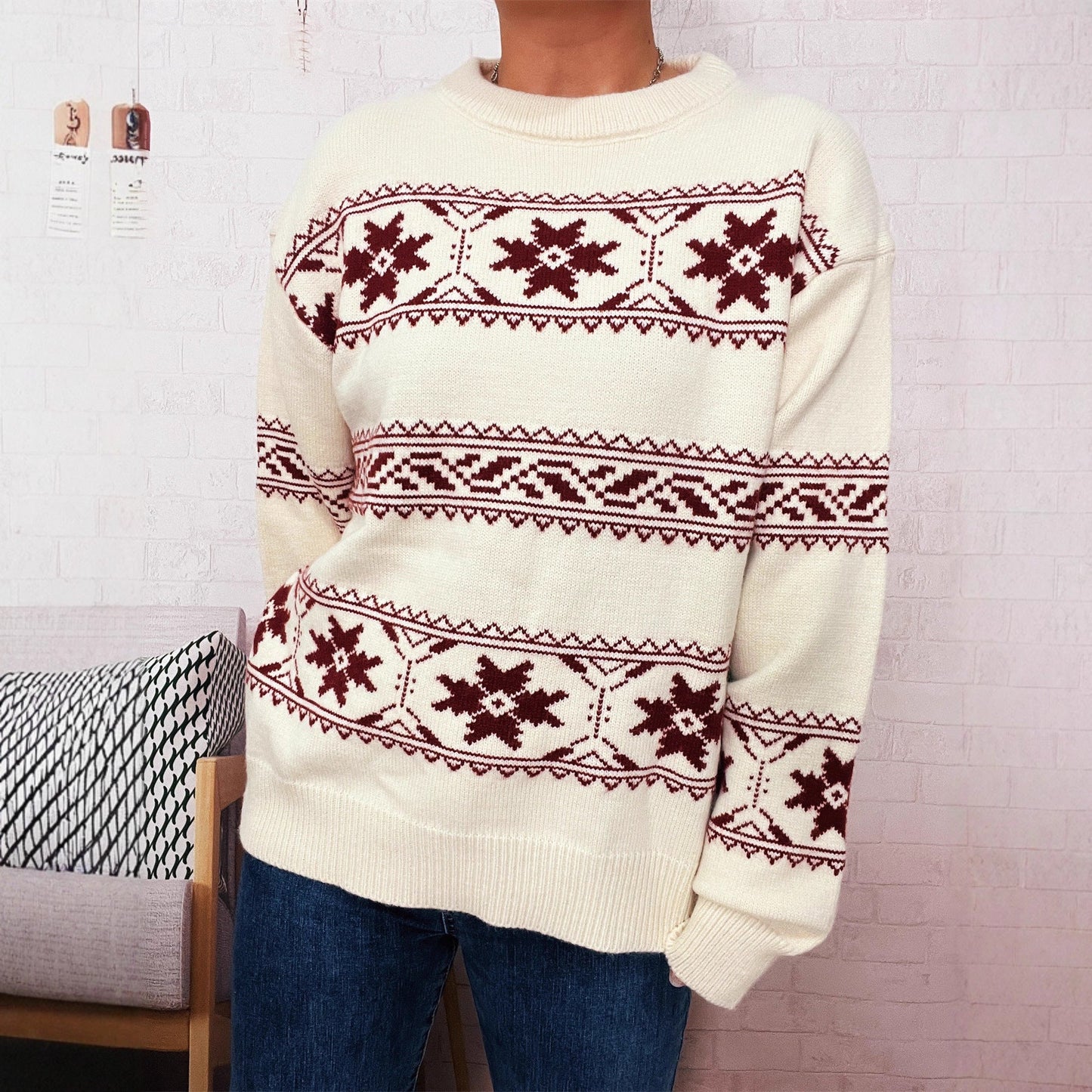 Pull de Noël à col rond, orné d'un jacquard