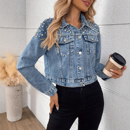 Pearlina – Veste Denim Courte à Perles