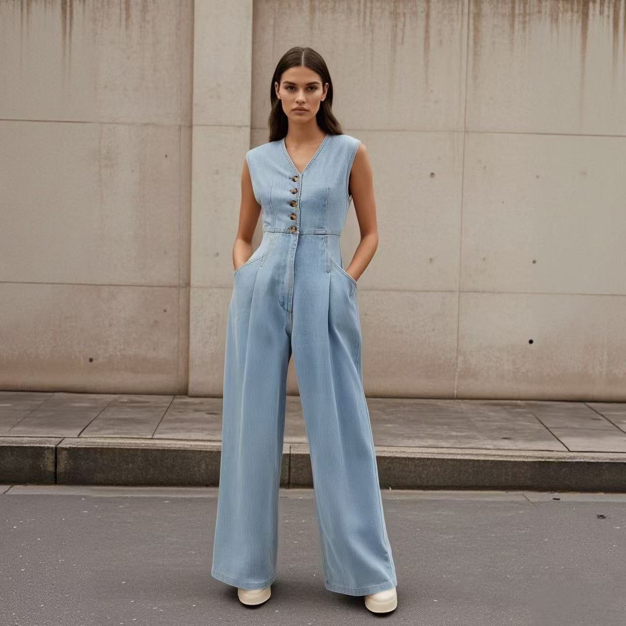 Vaelia – Combinaison Denim à Boutons