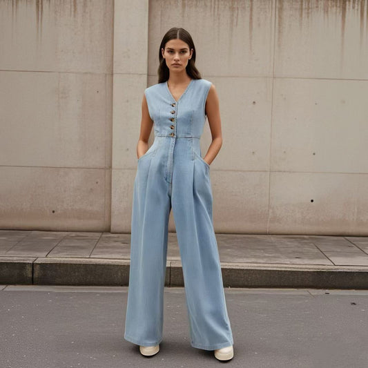 Vaelia – Combinaison Denim à Boutons