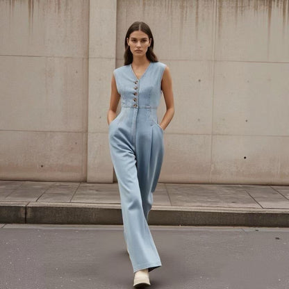 Vaelia – Combinaison Denim à Boutons